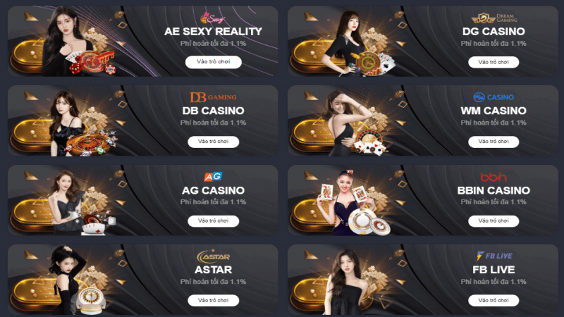 Chơi bài truyền thống như Poker, Blackjack và Baccarat.