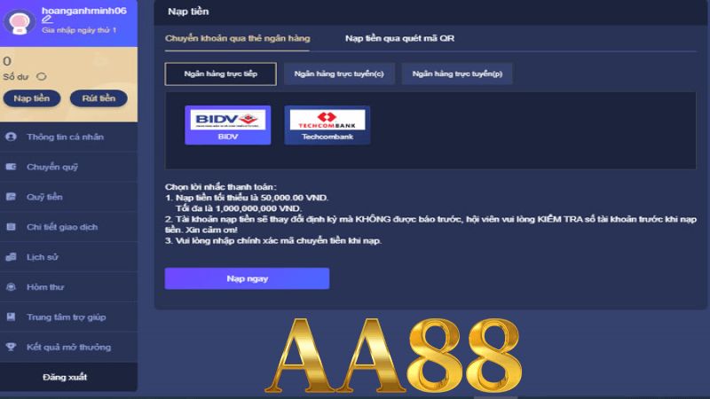 Những phương thức nạp tiền phổ biến tại aa88 casino